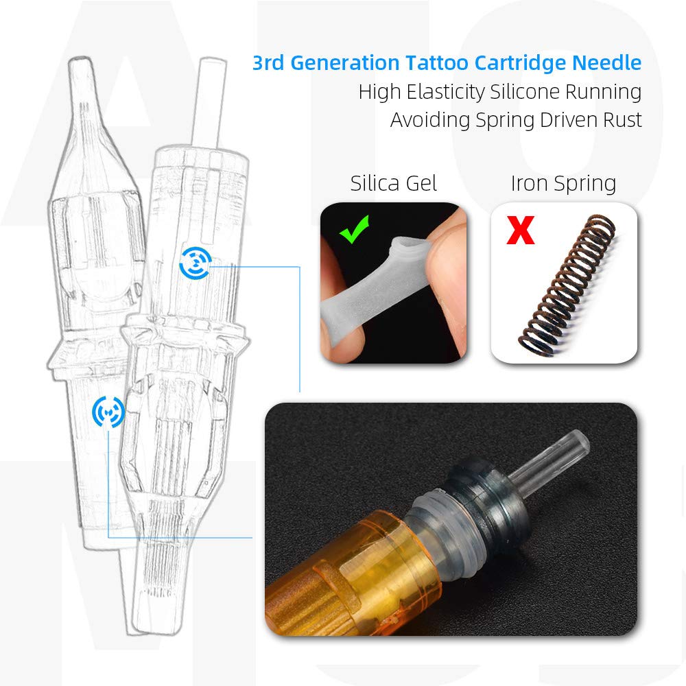 Tattoo Cartridge Needles, 10pcs 3RS 5RS 7RS 9RS Round Shader Disposable Tattoo Needle for Pen Rotary Machine Tattoo Supplies (Yellow 7RS 10pcs)