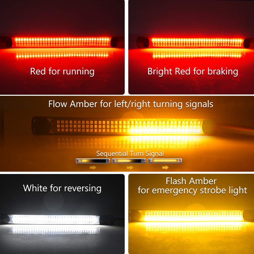 Motorcycle 9 Inches Red/White/Amber Led Tail lights Triple 108 LED Lights Strip with Turn Signal Brake Stop Reverse Running Light License Plate Light, Flexible Led Light for Motorcycles