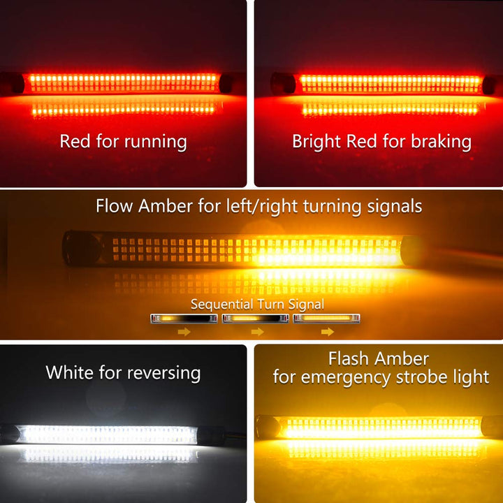 Motorcycle 9 Inches Red/White/Amber Led Tail lights Triple 108 LED Lights Strip with Turn Signal Brake Stop Reverse Running Light License Plate Light, Flexible Led Light for Motorcycles