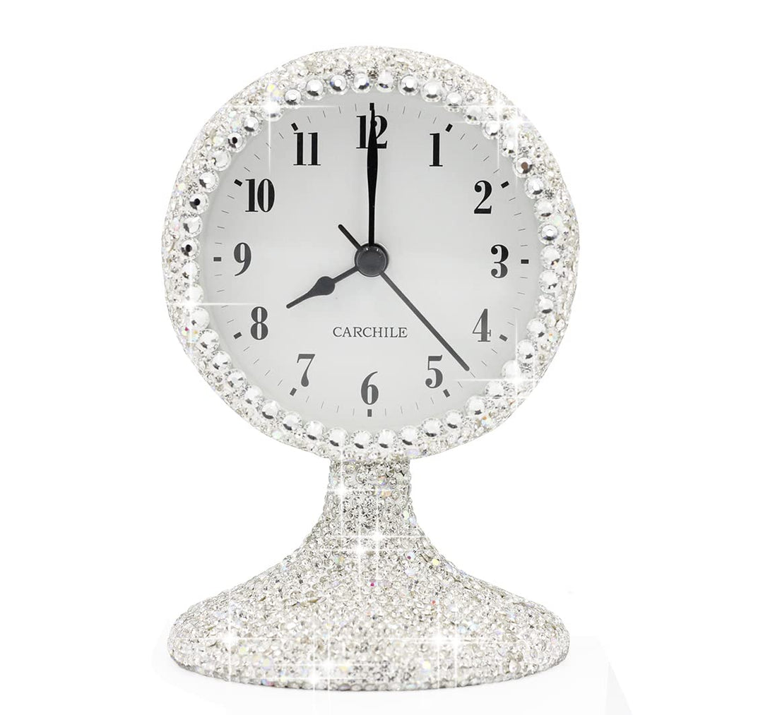 Luxury Rhinestone Small Alarm Desk Table Clock Morning Call Handmade Fashion Design for Bedroom Houseroom Living Room Cute As Gift AR (Silver)