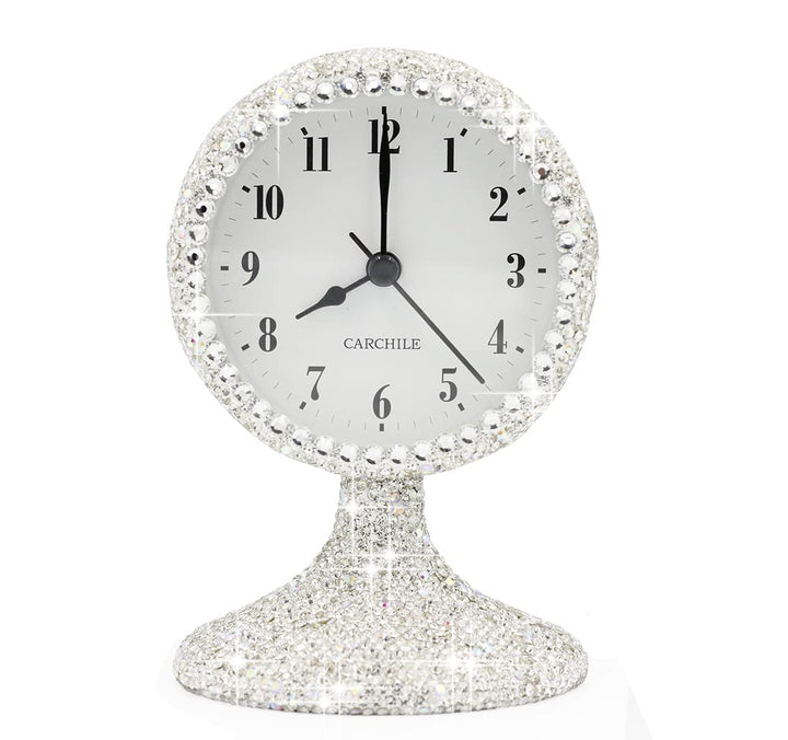 Luxury Rhinestone Small Alarm Desk Table Clock Morning Call Handmade Fashion Design for Bedroom Houseroom Living Room Cute As Gift AR (Silver)