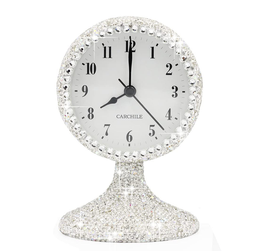 Luxury Rhinestone Small Alarm Desk Table Clock Morning Call Handmade Fashion Design for Bedroom Houseroom Living Room Cute As Gift AR (Silver)