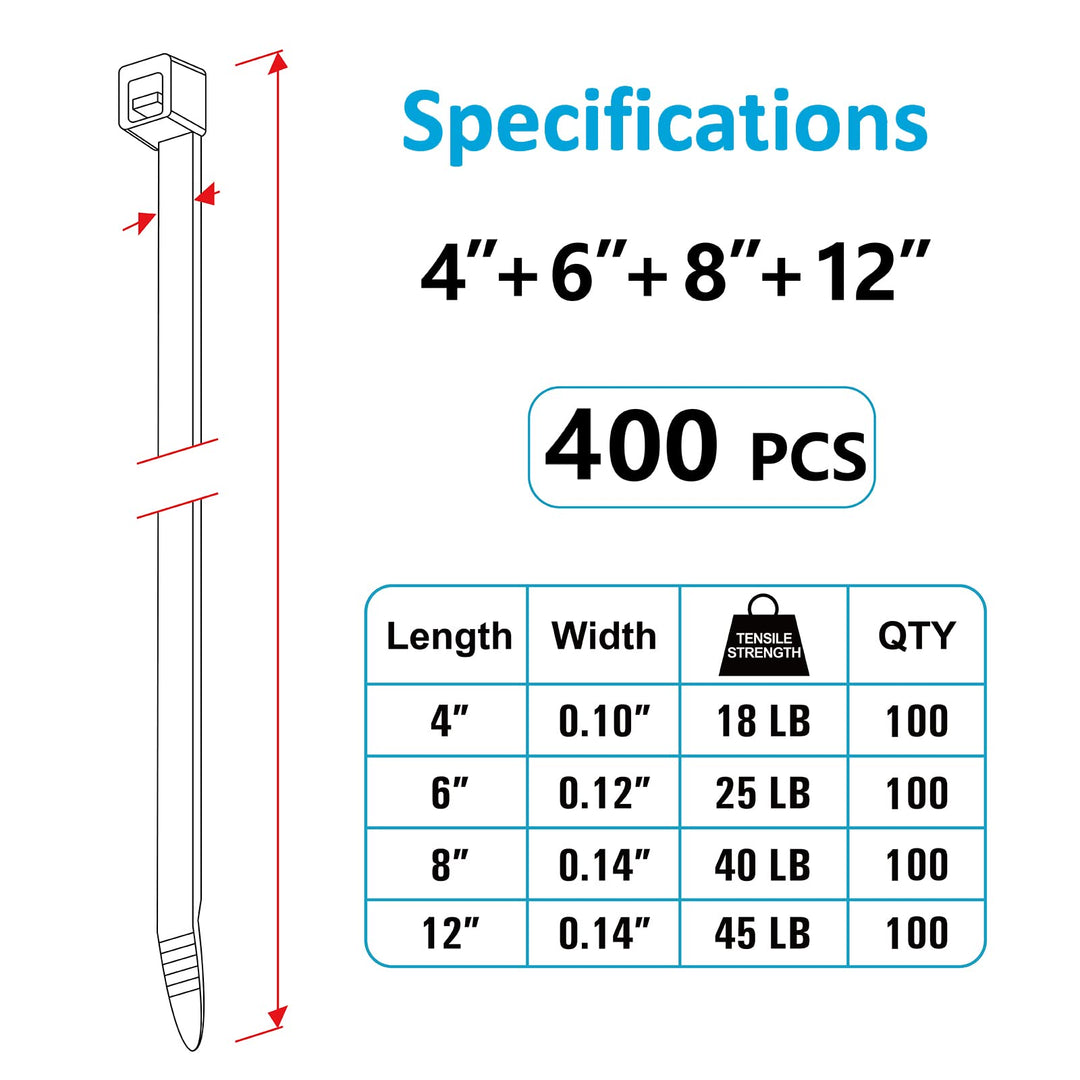 Zip Ties Assorted Sizes(4”+6”+8”+12”), 400 Pack, Black Cable Ties, UV Resistant Wire Ties