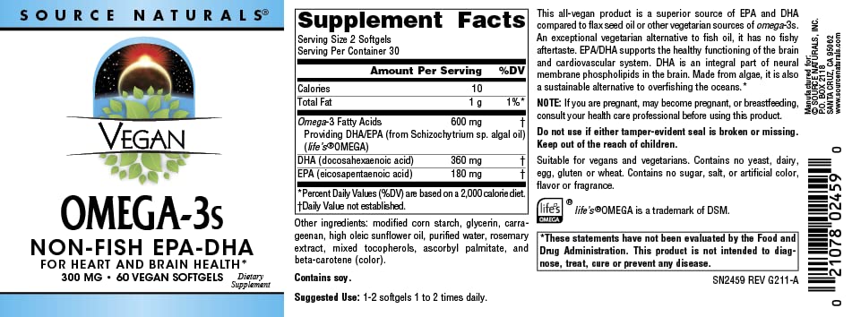 Vegan Omega-3s, Non-Fish EPA-DHA, for Heart and Brain Health Support* 300 mg - 60 Vegan Softfgels