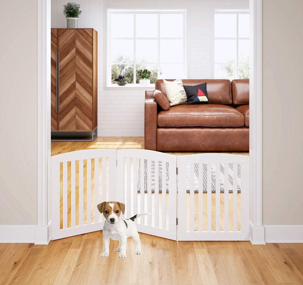 Wooden Freestanding Foldable Pet Gate for Dogs, 24 inch 3 Panels Step Over Fence, Dog Gate for The House, Doorway, Stairs, Extra Wide (White, 24 Height-3 Panels)
