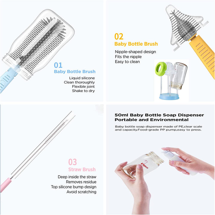 Travel Baby Bottle Drying Rack with Bottle Cleaning Brush Set, Blue