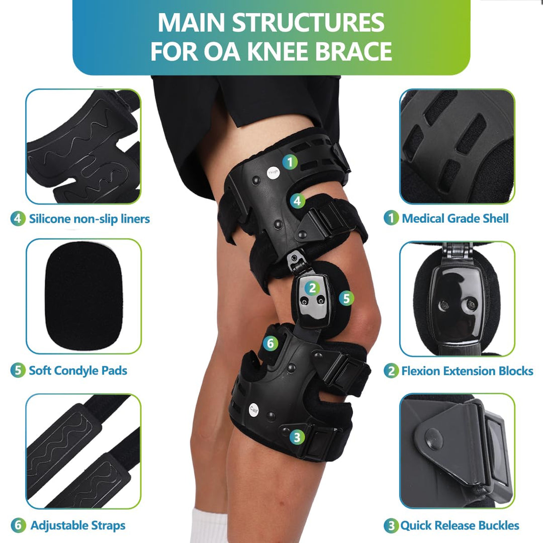 OA Unloader Knee Brace, Osteoarthritis Adjustable ROM Stabilizing Protection and Recovery from Load Reduction Arthritis Cartilage Repair Joint Pain Medial or Lateral Degeneration (Black, Left)
