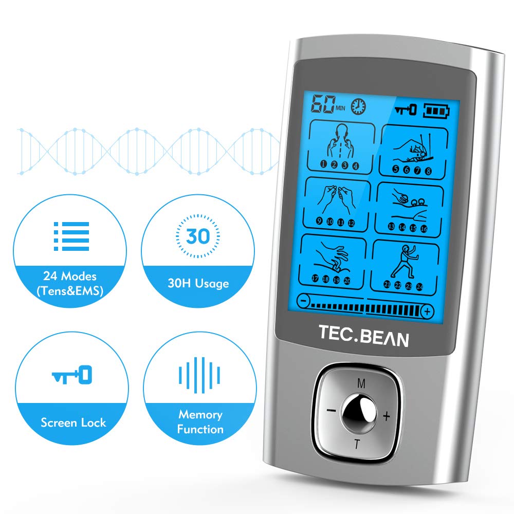 24 Modes Tens Unit Muscle Stimulator, Rechargeable Tens Machine with 8 Electrode Pads (American Gel), Electric Pulse Massager for Pain Relief Therapy