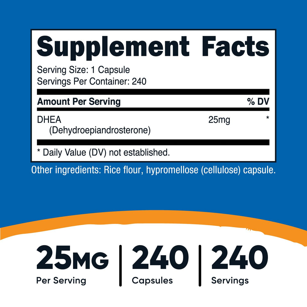 DHEA 25mg, 240 Capsules - Gluten Free, Soy Free, Non-GMO, Supplement