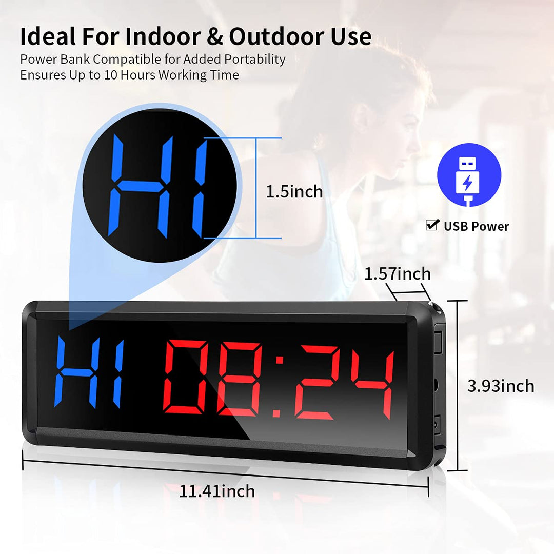 Gym Timer,LED Workout Colck Count Down/Up Clock,11.5 x 4 Ultra-Clear Digital Display, Power Bank Compatible with Workout Metal Stopwatch, Multi-Scenes with Remote