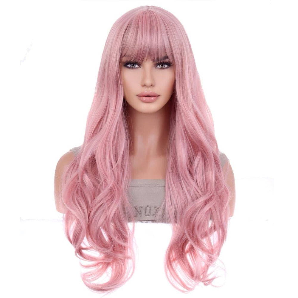 26 Inches Pink Wig Long Wavy Wig with Bangs Synthetic Wig Long Wig Pink Wigs for Daily Party with Wig Cap