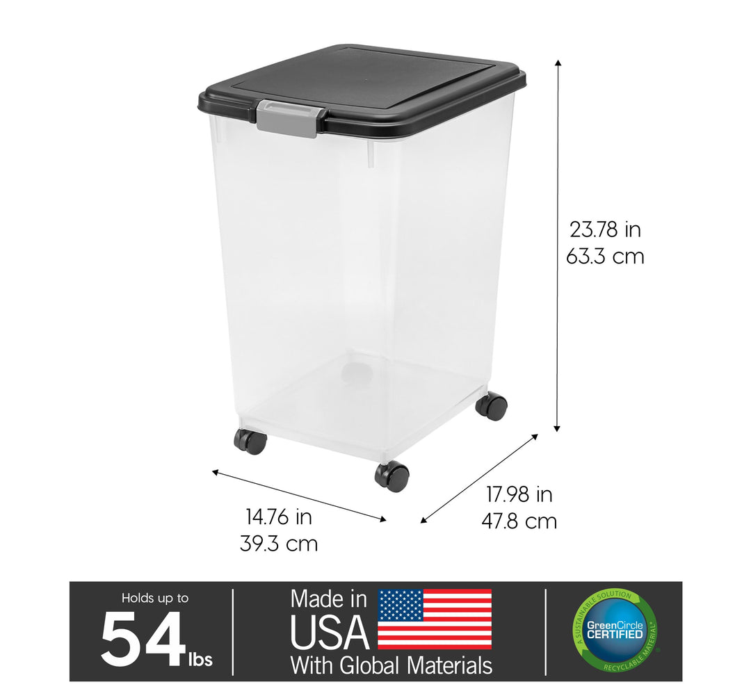 USA Airtight Dog Food Storage Container, Up to 54 lbs, Attachable Wheels, For Dog Cat Bird and Other Pet Food Storage Bin, Keep Fresh, Translucent Body, Easy Mobility, Black