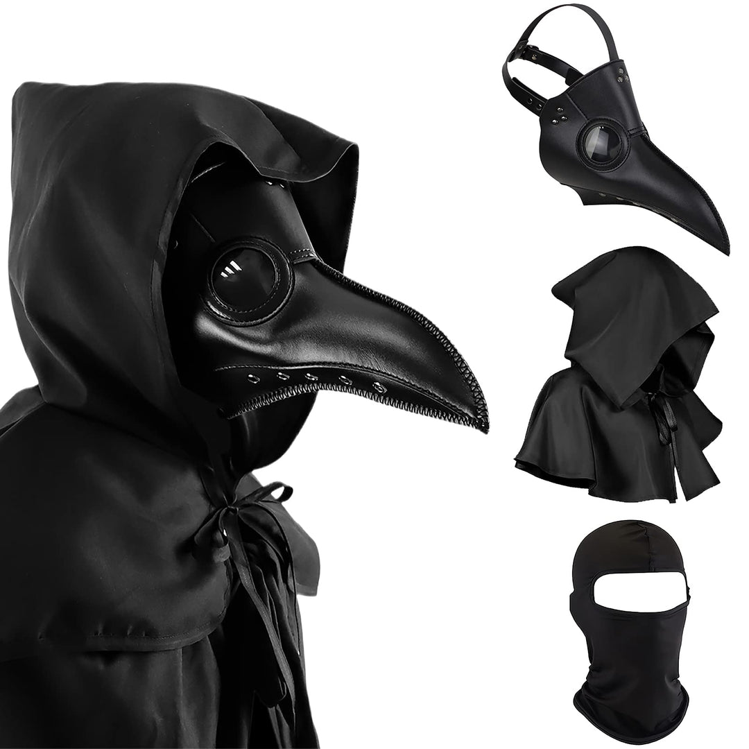 Halloween Plague Doctor Mask Plague Doctor Costume Obito Mask Steampunk Horror Scary Costume Props for Party Prom Gifts Set(3-pc Set)(Black), 12 inches, unisex-adult