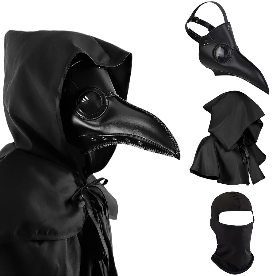 Halloween Plague Doctor Mask Plague Doctor Costume Obito Mask Steampunk Horror Scary Costume Props for Party Prom Gifts Set(3-pc Set)(Black), 12 inches, unisex-adult