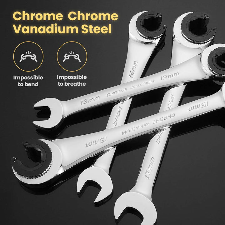 Tubing Ratchet Wrench Set Metric 9pcs(8-17mm), Combination Ratcheting Wrench Set with Open-end Fixed Head, 72 Gears CR-V Chrome Vanadium Steel Constructed