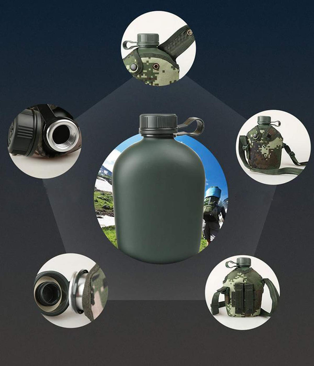 Military Canteen Water Bottle, Aluminium Water Canteen Reinforced Nylon Cover Belt Holster, Portable Water Bottles with Shoulder Strap (Woodland Camouflage 1.2 L)