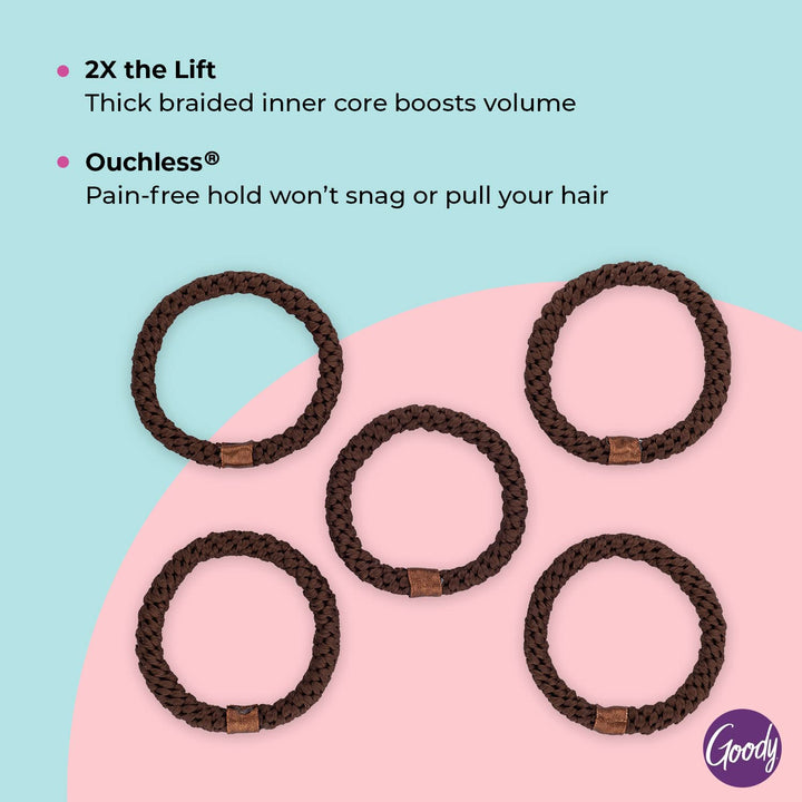 Goody Volume Boost Ponytailers Elastics Hair Tie for Fine Hair - 5 Count, Brown - Ouchless Pain-Free Hair Accessories for Women, Men, Boys, & Girls - Perfect for Long Lasting Braids, Ponytails & More