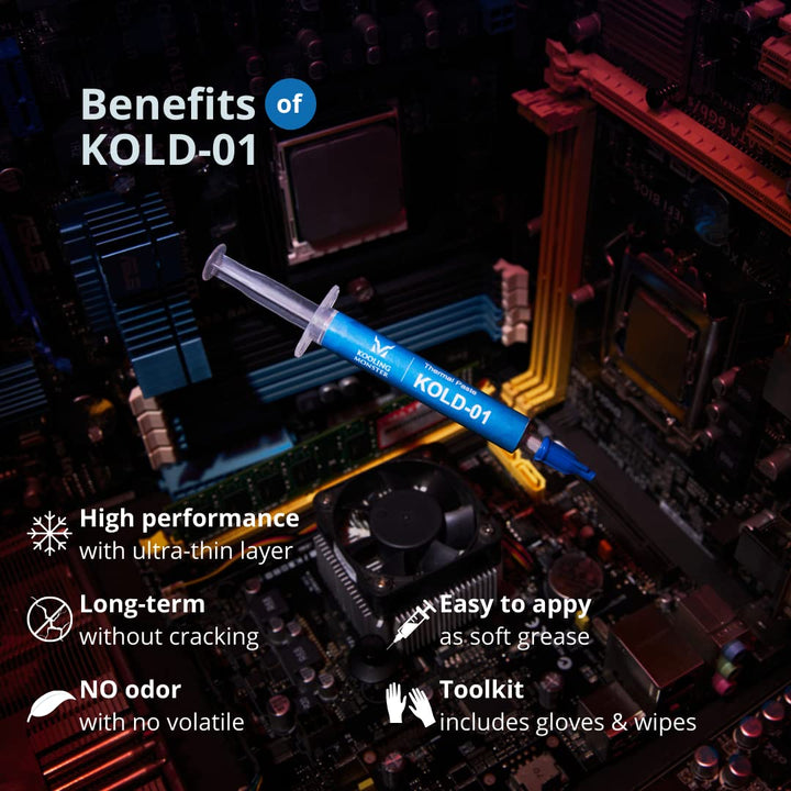 KOLD-01, High Performance Silicone Thermal Paste for Cooling All CPU/Heatsinks, Silicone Paste Designed for Easy Spreading, Inc. Gloves & Cleaning Wipes, No Odor (1.4ml/3.6g)