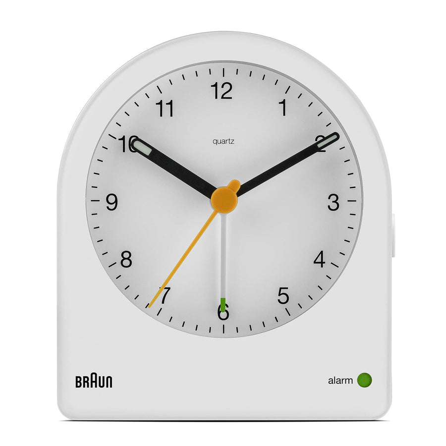 Classic Analogue Alarm Clock with Snooze and Continuous Backlight, Quiet Quartz Movement, Crescendo Beep Alarm in White, Model BC22W.