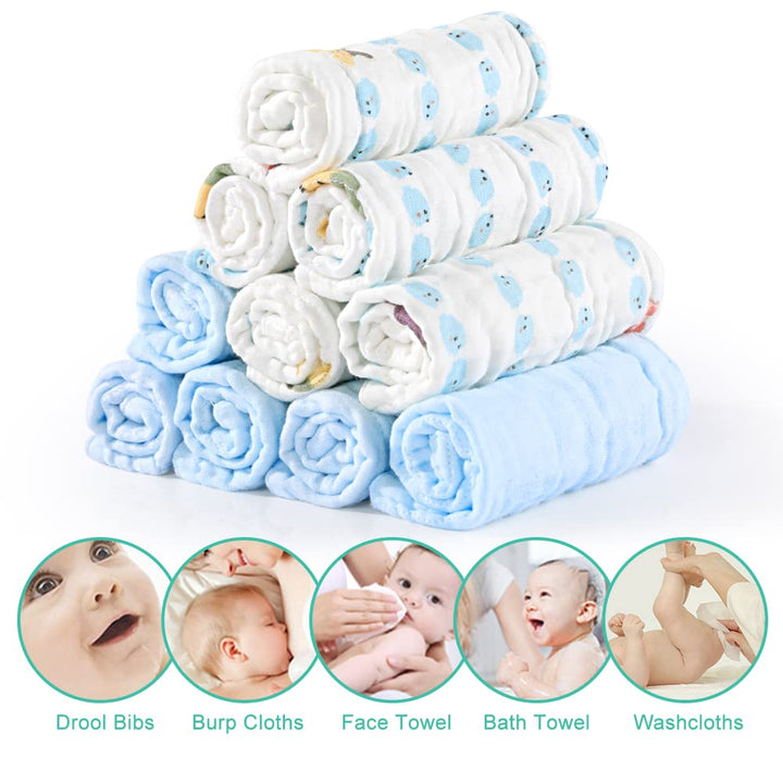 Muslin Baby Washcloths 100% Cotton Face Towels 10 Pack Wash Cloths for Baby 12x12in Soft and Absorbent Baby Wipes (Multicolor)