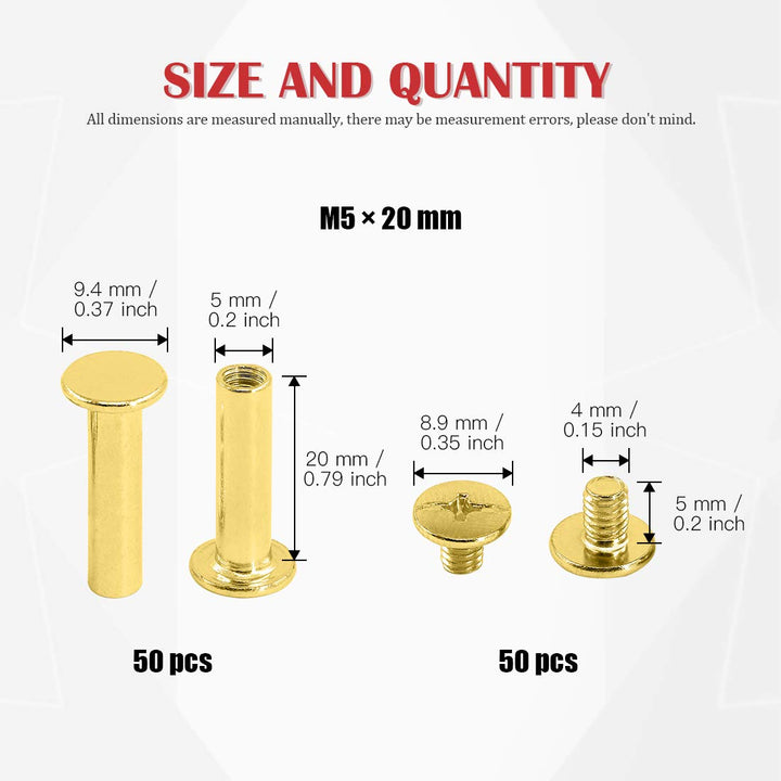 50-Sets M5 Brass Plated Phillips Chicago Screw Posts Binding Screws Assortment Kit for Scrapbook Photo Albums Binding, Leather Repair - Gold (M5 x 20mm-50Sets)