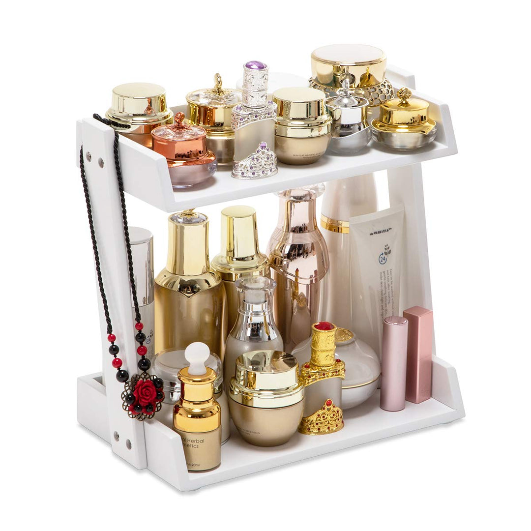 Bamboo Makeup & Countertop Organizer, Small - 2 Layer Cosmetics, Lipsticks, Jewelry, Brushes, Hair Accessories & Perfume Organizer for Dresser, Easy Assembly - White