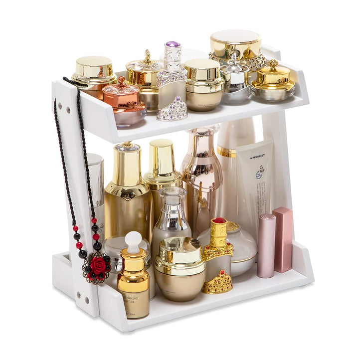 Bamboo Makeup & Countertop Organizer, Small - 2 Layer Cosmetics, Lipsticks, Jewelry, Brushes, Hair Accessories & Perfume Organizer for Dresser, Easy Assembly - White