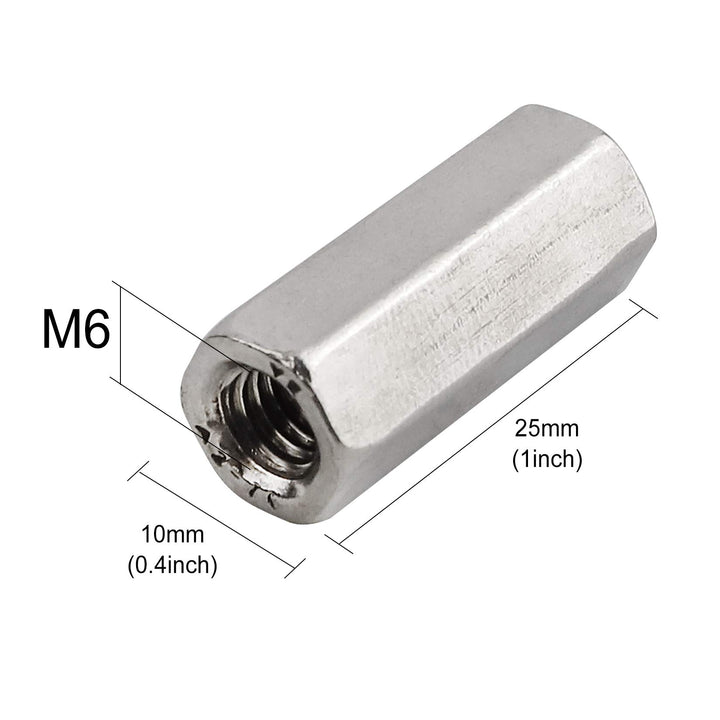 Pack of 8 M6 X 1.0-Pitch 25mm Length Hex Width 10mm Metric Hex Coupling Nut 304 Stainless Steel Rod Coupling Nuts