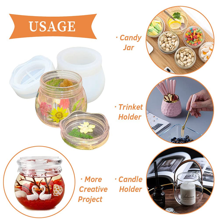 Silicone Jar Mold with Lid, Pudding Jar Resin Mold, Jewelry Box Candle Holder Mould, Round Bottle Cup Epoxy Casting Resin Mold for Storage Display Home Decor