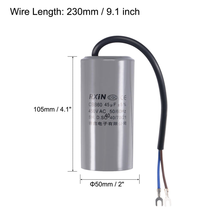 CBB60 Run Capacitor 45uF 450V AC 2 Wires 50/60Hz Cylinder 105x50mm with Terminal for Air Compressor Water Pump Motor