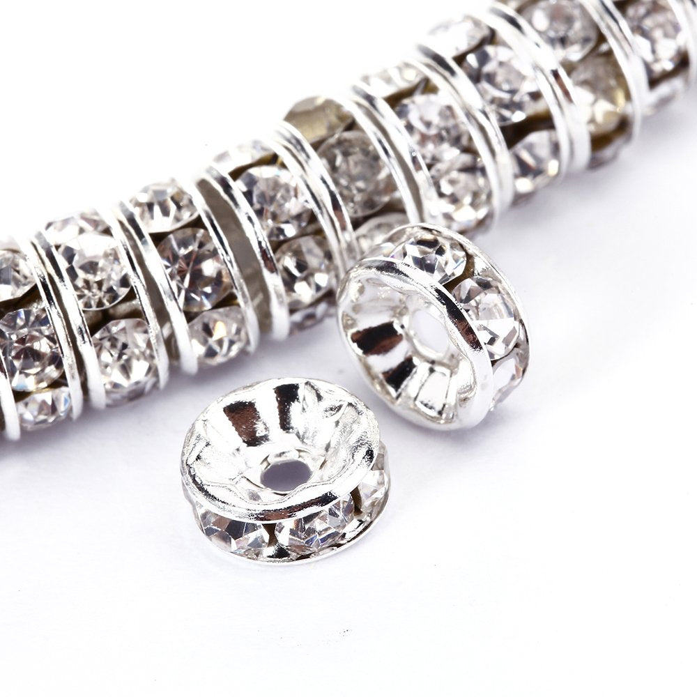 6mm Silver Plated Crystal Rondelle Spacer Beads 100pcs per Bag for jewelery Making(#001 Clear Crystal)