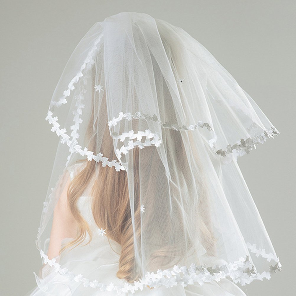 Frcolor Girl's 2 Layers Veils Ivory Lace Flower Veil Hair Accessory with Tiara Crown for Party