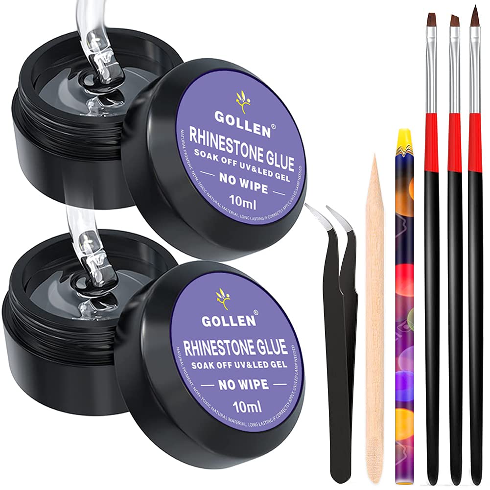 Rhinestones Glue for Nails, 10ml x2 Nail Glue for Stones and Gems Long Lasting Adhesive Super Strong Jewlery Nail Art Glue 3Pcs Nail Brushes, Wax Pencils, Stick& Picking Tweezers (UV/LED Cure Needed)