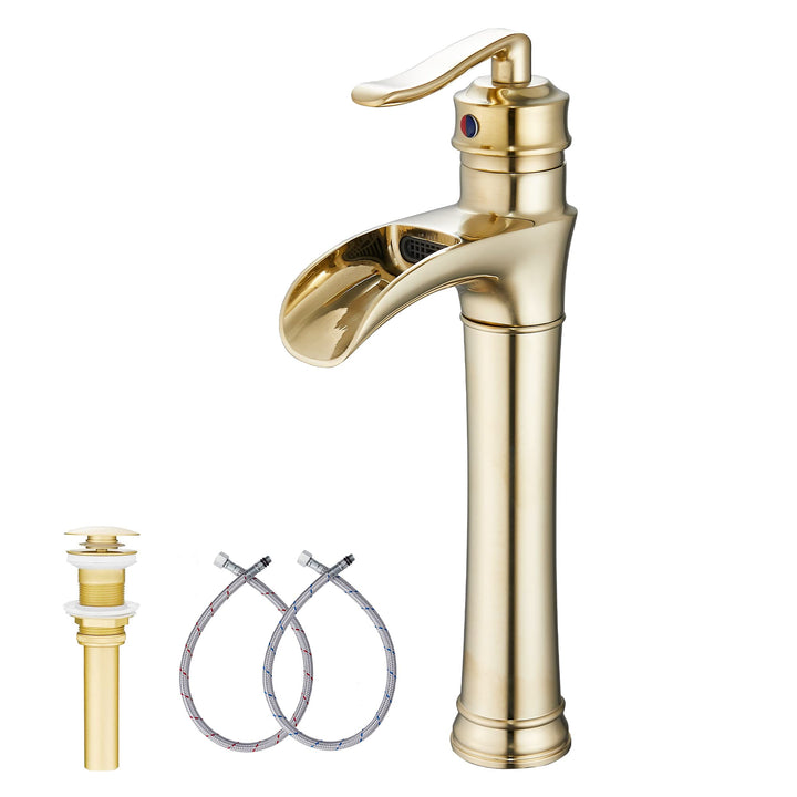 Brushed Gold Bathroom Faucet Waterfall Bathroom Faucet Single Handle One Hole Tall Body Farmhouse Bathroom Vessel Sink Faucet Vanity Faucet Matching with Pop Up Drain