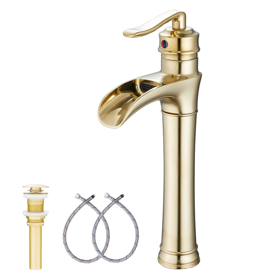 Brushed Gold Bathroom Faucet Waterfall Bathroom Faucet Single Handle One Hole Tall Body Farmhouse Bathroom Vessel Sink Faucet Vanity Faucet Matching with Pop Up Drain