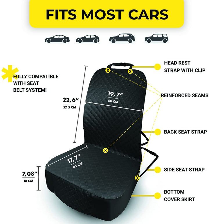 Front Seat Dog Cover for Car - Durable Black Waterproof Protector Against Dirt, Mud & Fur - Scratch Proof Non-Slip Padded Quilted Front Seat Covers for Dog for Cars, Trucks & SUV