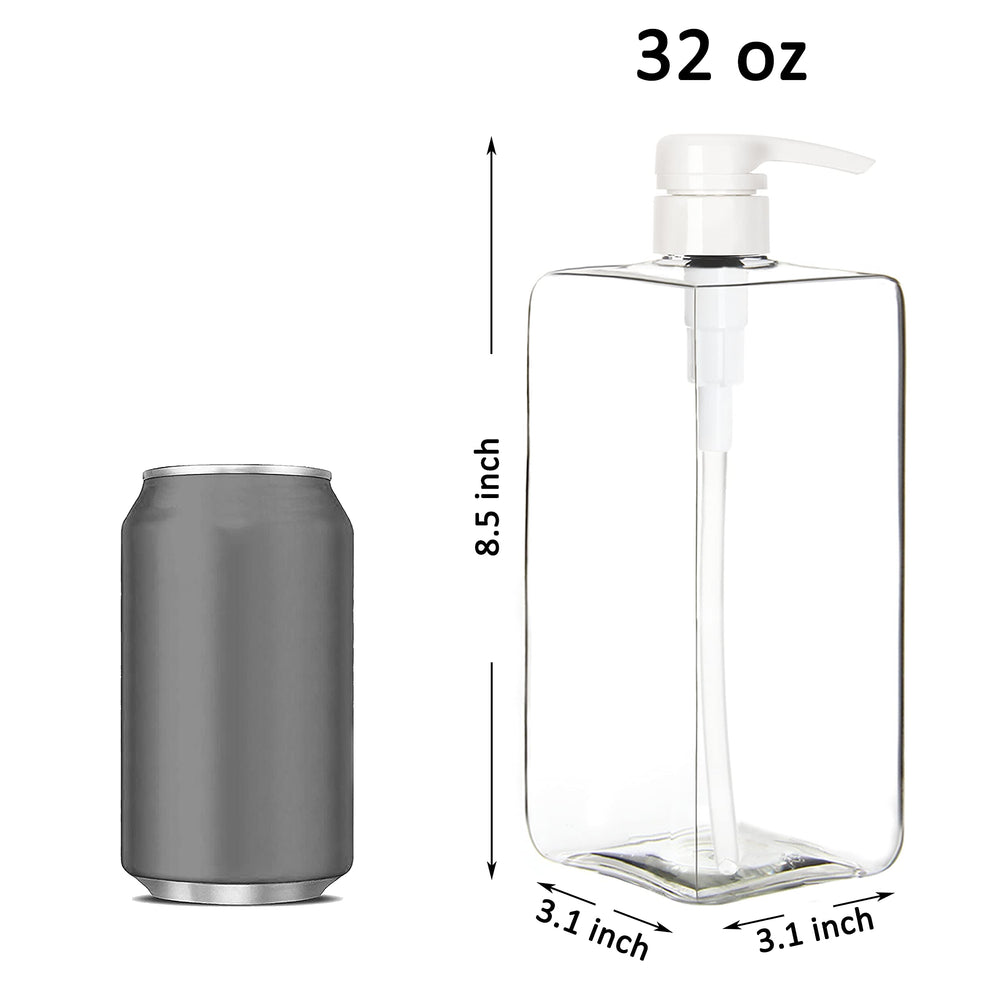 3 Pack Pump Bottles for Shampoo 32 Ounce (1 Liter), Square Empty Shampoo Pump Bottles, Plastic Cylinder with Lockdown Leak Proof Pumps