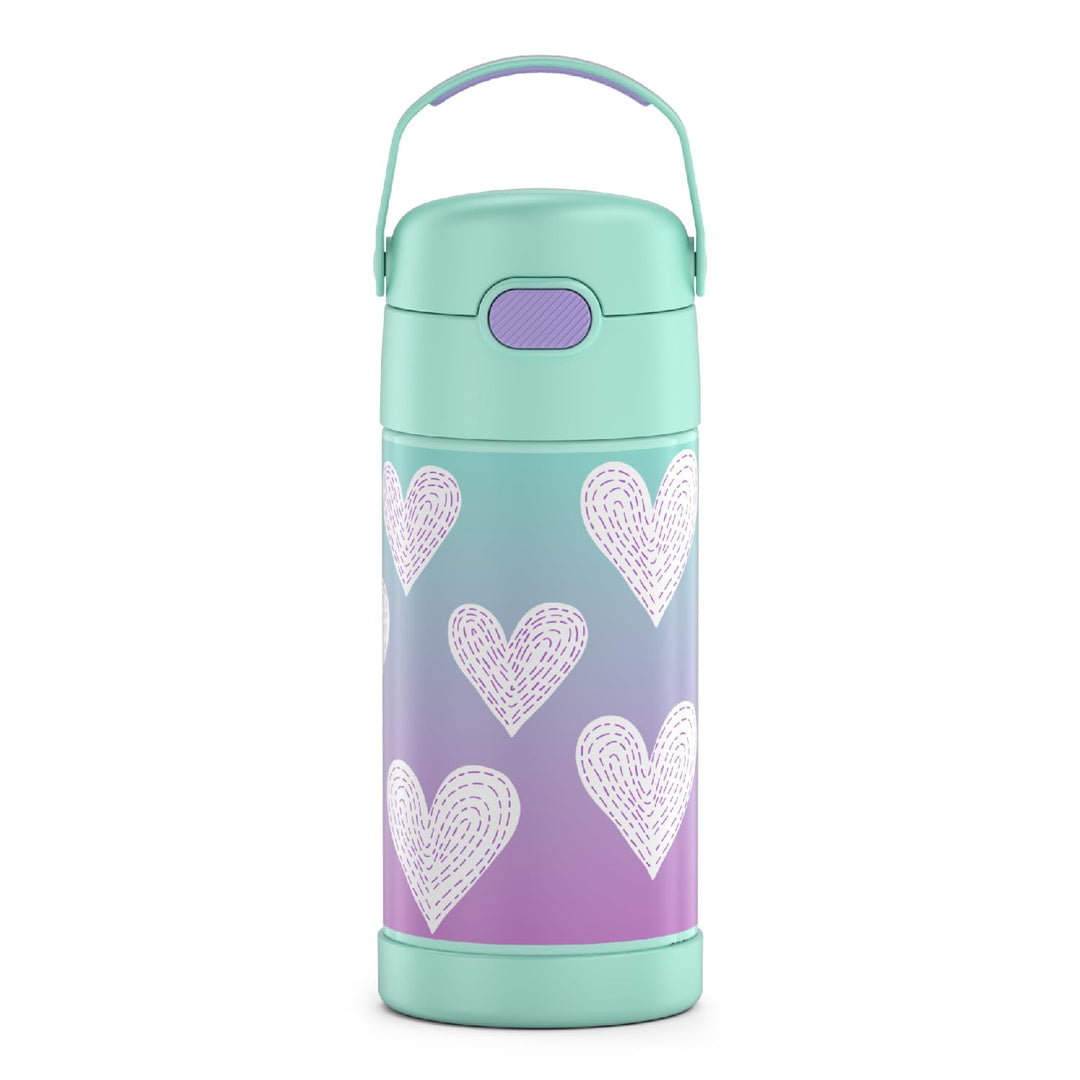 FUNTAINER Water Bottle with Straw - 12 Ounce, Purple Hearts - Kids Stainless Steel Vacuum Insulated Water Bottle with Lid