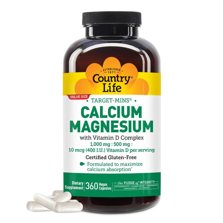 Target-Mins Calcium Magnesium with Vitamin D-Complex, 1000mg/500mg/10mcg, 360 Vegan Capsules, Certified Gluten Free, Certified Vegan, Verified Non-GMO Verified…