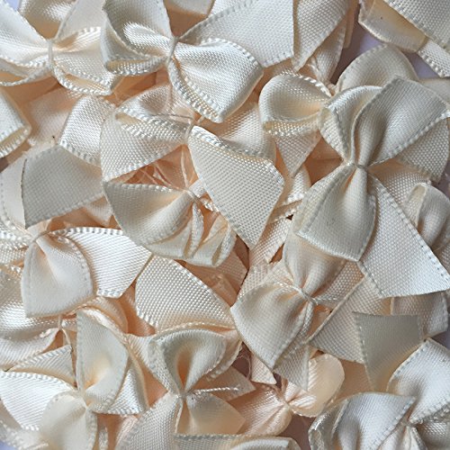 60pcs Mini Satin Ribbon Bows Flowers 1x3/4 Appliques DIY Craft Beige Color