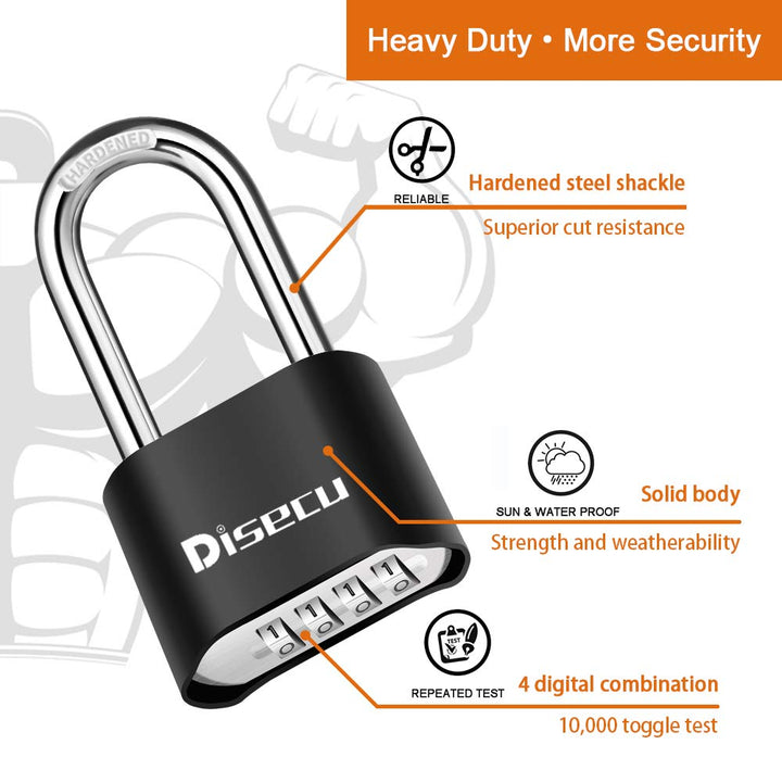 ® Heavy Duty Long Shackle 4 Digit Combination Lock Outdoor Waterproof Resettable Padlock with Steel Cable for Bike, Gate, Fence (Brass)