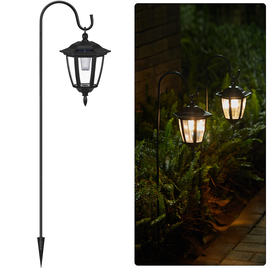 Solar Pathway Lights Outdoor Waterproof 2 Pack 38.5 Inch Shepherd Hook with Hanging Lantern Bright Driveway Markers Black Lamp Post for Garden Path Front Outside Patio Yard 3000K Warm White