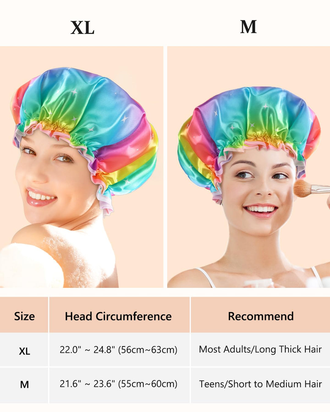 Sparkle Rainbow Shower Cap for Women and Girls, Double Layer Waterproof, Large size, Reusable, Washable, No Smell,Fashion Shower Cap (Pack of 1)