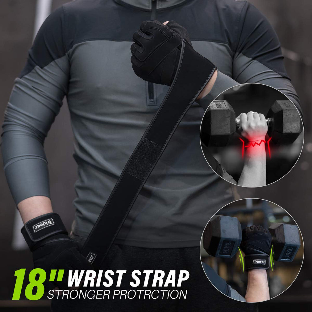 Padded Workout Gloves for Men - Gym Weight Lifting Gloves with Wrist Wrap Support, Full Palm Protection & Extra Grips for Weightlifting, Exercise, Cross Training, Fitness, Pull-up