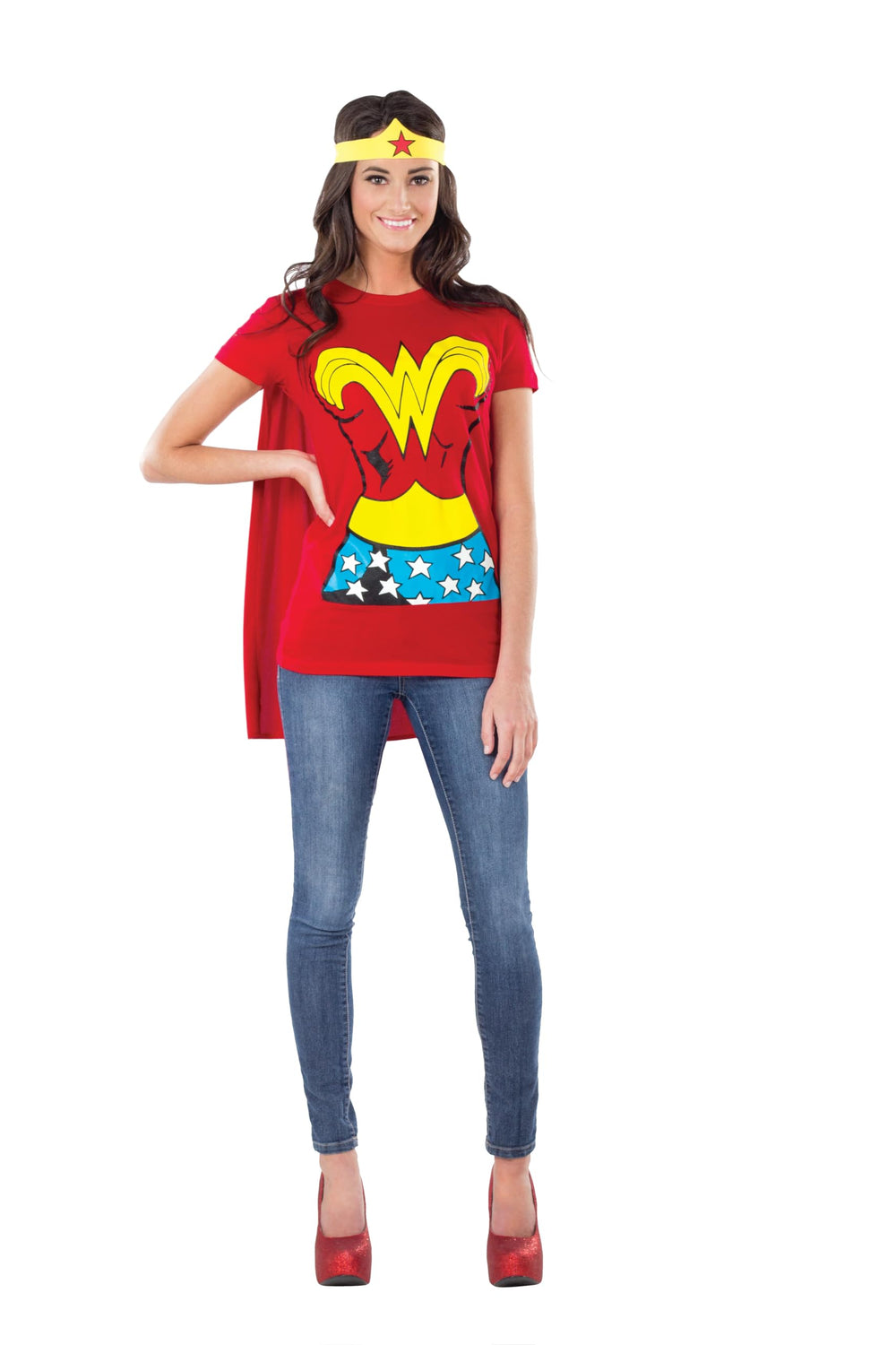 Women's DC Comics Wonder Woman Costume T-Shirt With Cape And Headband, Red, Small