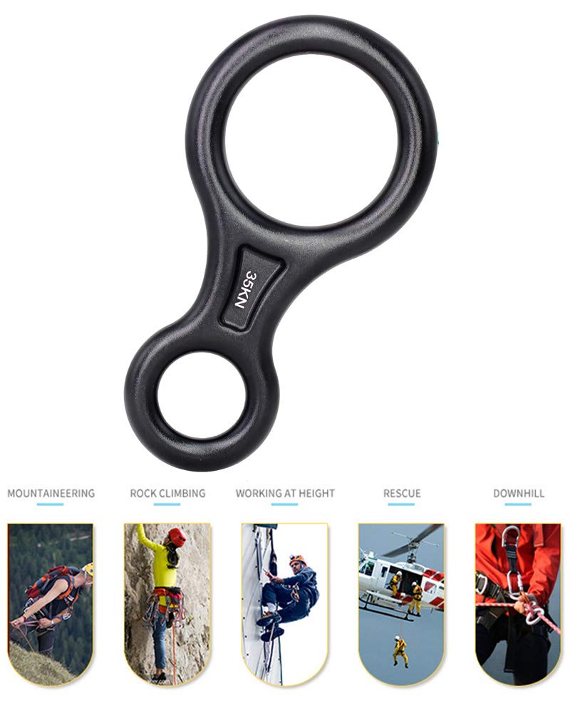 35KN Figure 8 Descender, Rescue Figure 8 Rappelling Gear Belay Device Aviation Aluminum Rigging Plate for Climbing Belaying and Rappelling (Black)