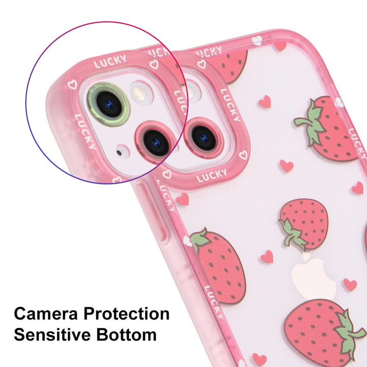 Compatible with iPhone 13 Case Pink Strawberry Cute Pattern Soft TPU Case for Girls Women + 1* Screen Protector, Camera Hole Protective Phone Case