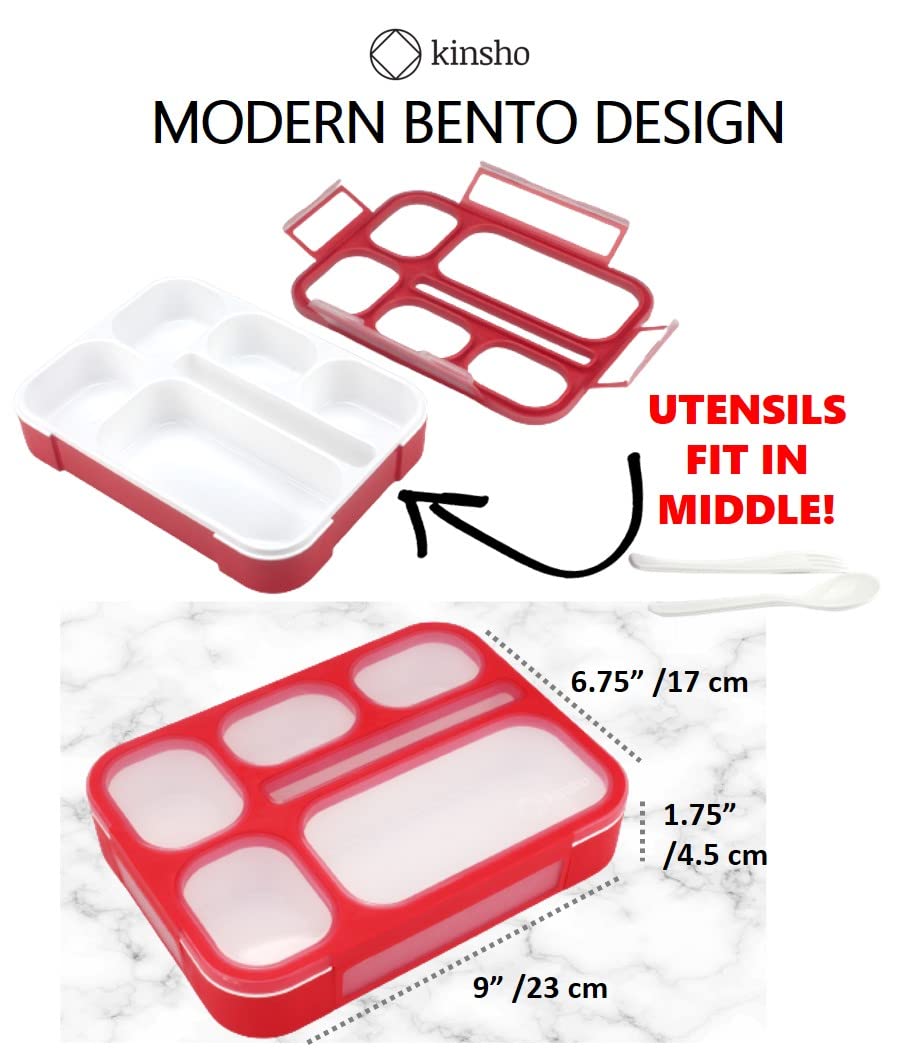 Bento Box Kids Lunch-Box, Snack Containers for Toddler Daycare, Leakproof School Bentobox 6 Compartment Container for Boys Girls Adults Lunches, Utensils, Red