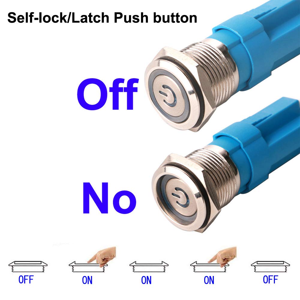 2pcs 0.47/12mm Stainless Steel Self-locking Latching Push Button Switch 12V-24V 3A Power Symbol LED Normally Open SPST ON Off Waterproof Toggle Switch with Wire Socket Plug (Blue+Red)