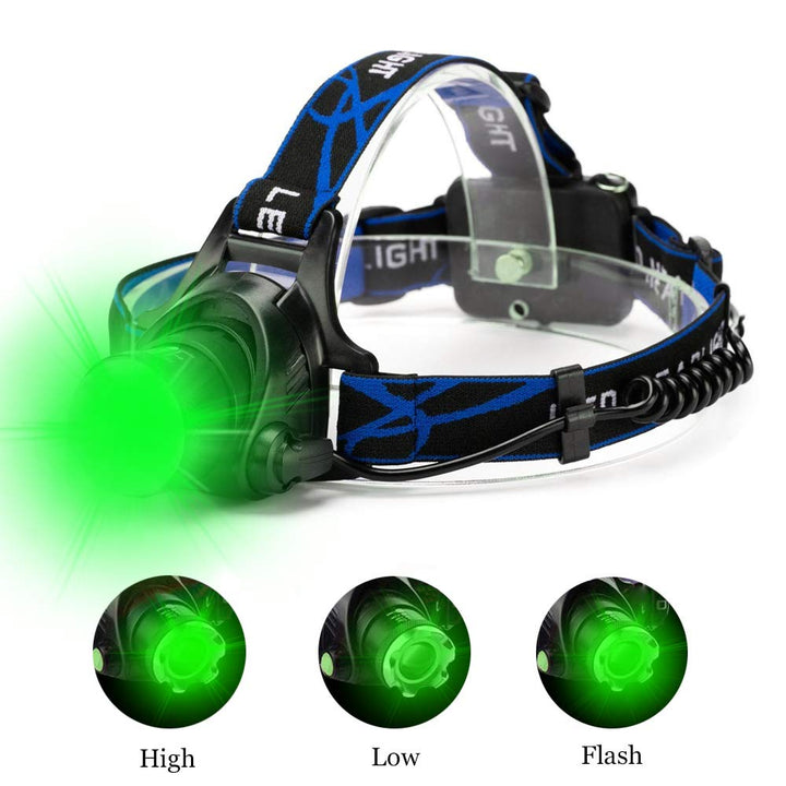 Green LED Headlamp Waterproof Head Torch Light with Zoomable and 3 Mode Best for Hunting, Outdoor Activities, Climbing, Astronomy